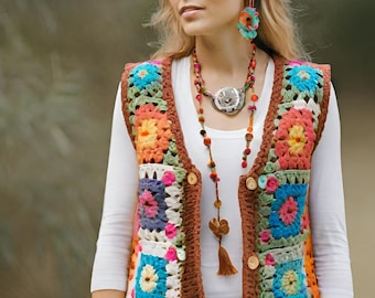 Crochet Granny Square Vest: Colorful Boho Hippie Top