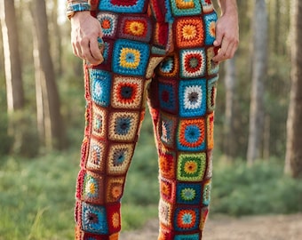 Crochet Mens Trousers , Knit Trousers For Men, Knit Festival Pants, Granny Square Trousers Men