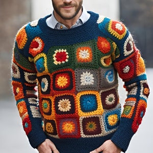 Mens Crochet Sweater: Colorful Granny Square Knit Top