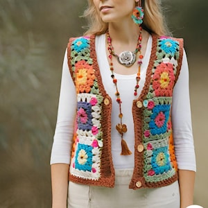 Chaleco de abuela cuadrado de crochet: Top bohemio hippie colorido