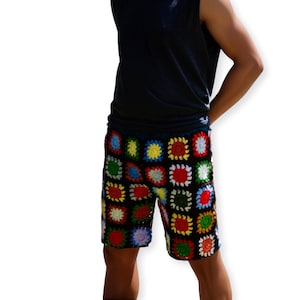 Hand Knit Granny Square Crochet Mens Shorts: Festival Style