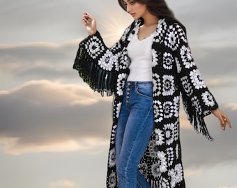 Hand Knit Granny Square Cardigan: Festival Crochet Jacket Granny Pullover Duster
