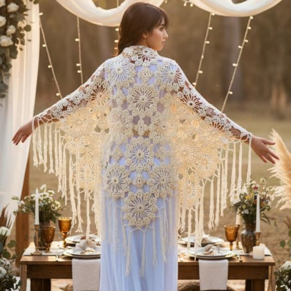 Handmade Crochet Floral Shawl with Fringe  Boho Bridal Wrap, Wedding Cape, Festival Poncho