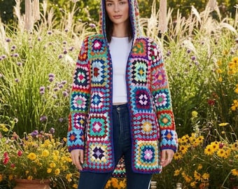 Handmade Granny Square Crochet Hooded Cardigan: Boho Knit Sweater Jacket Women Winter Clothes