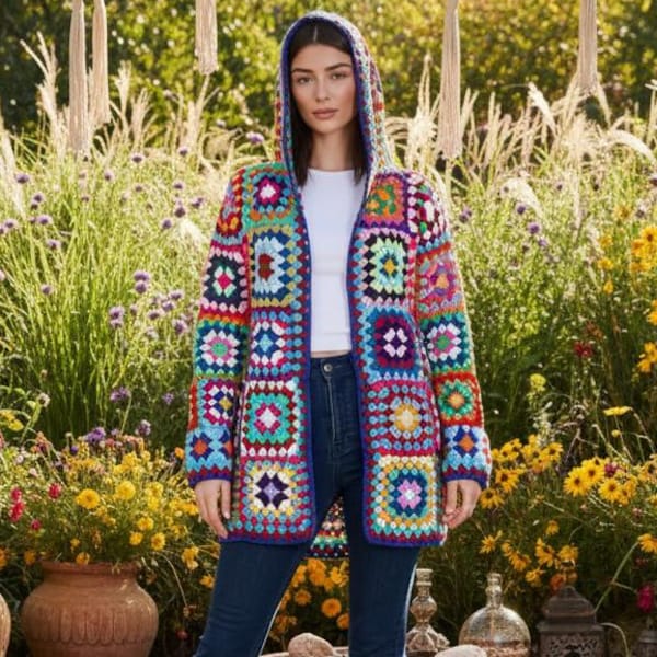 Handmade Granny Square Crochet Hooded Cardigan: Boho Knit Sweater Jacket Women Winter Clothes
