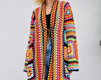 Crochet Wool Winter Coat: Boho Clothes Women Handmade Colorful Granny Square Overcoat Gift