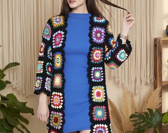 Handmade Granny Square Crochet Cardigan: Colorful Knit Jacket
