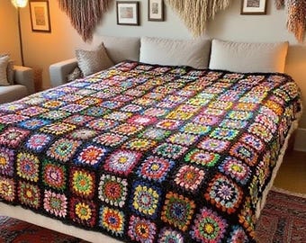 Hand Knit Granny Square Crochet Blanket: Colorful Bedspread Throw