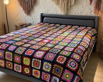 Handmade Crochet Granny Square Blanket: Colorful Afghan Knit Sofa Blanket
