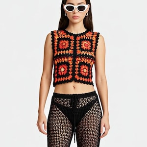 Crochet Granny Square Crop Top & Sheer Pants Set - Boho Festival Outfit