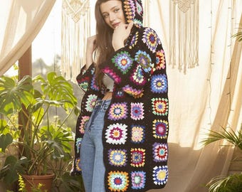 Hand Crochet Boho Christmas Cardigan: Black Knit Granny Square Jacket Boho Clothing Sweater Jacket Gift Women