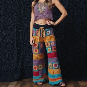 Granny Square Crochet Pants Women, Festival Pants Women, Hand Knit Women Trousers, Boho Knitted Pants, Crochet Trousers Women, Hippie Pants