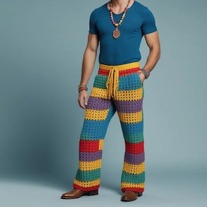 Hand Knit Granny Square Crochet Pants: Retro Festival Style