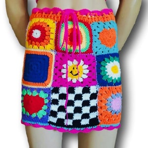 Handmade Crochet Granny Square Mini Skirt: Colorful Boho Patchwork