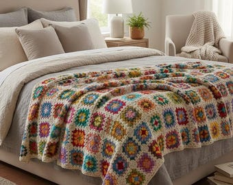 Boho Granny Square Crochet Afghan: Vintage Style Throw Blanket