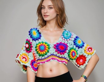 Women Knit top, Colorful crochet top, Women crochet top, Boho top women, Women Knit blouse, Knitted top women
