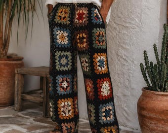 Pantalones de ganchillo cuadrados tejidos a mano estilo abuela: pantalones retro hippies para hombre, ideales para festivales.