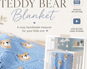 Patroon gehaakte babydeken teddybeer PDF + VIDEO Handgemaakt patroon kraamcadeau, handleiding beer grootmoeder vierkante plaid