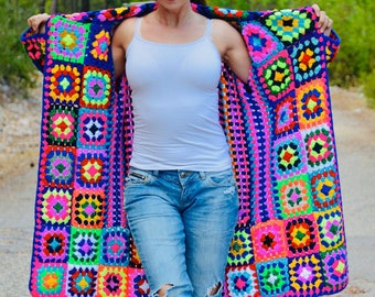 Hand Knit Patchwork Crochet Cardigan: Oversized Afghan Coat  Granny Square Jacket Gift for Wife