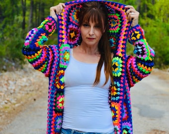 Boho Crochet Hooded Cardigan: Handmade Knit Jacket
