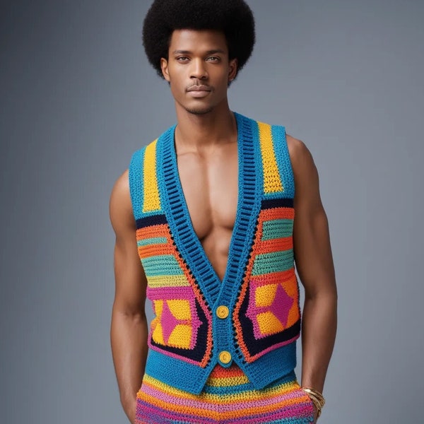 Hand Knitted Crochet Vest: Mens Boho Hippie Cotton Knitwear