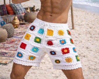 Pantalones cortos de ganchillo estilo abuela para hombre: pantalones cortos de algodón estilo festival de playa hippie en azul, rojo, marrón y negro para hombre.