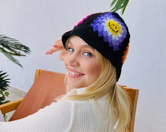 Knit Bucket Hat, Festival Hat, Retro Hat, Smiley Hat, Crochet Bucket Hat