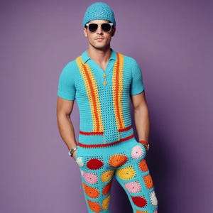 May include: A man wearing a blue crocheted jumpsuit with colourful geometric patterns, a white crocheted hat, and sunglasses.