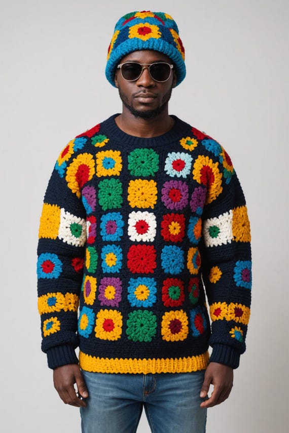 Mens Crochet Knit Sweater: Colorful Granny Square Festival Top - Etsy
