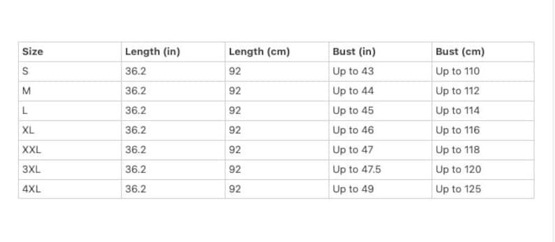 May include: Size chart showing measurements in inches and centimeters for a garment. The chart includes sizes S through 4XL, with corresponding bust and length measurements.