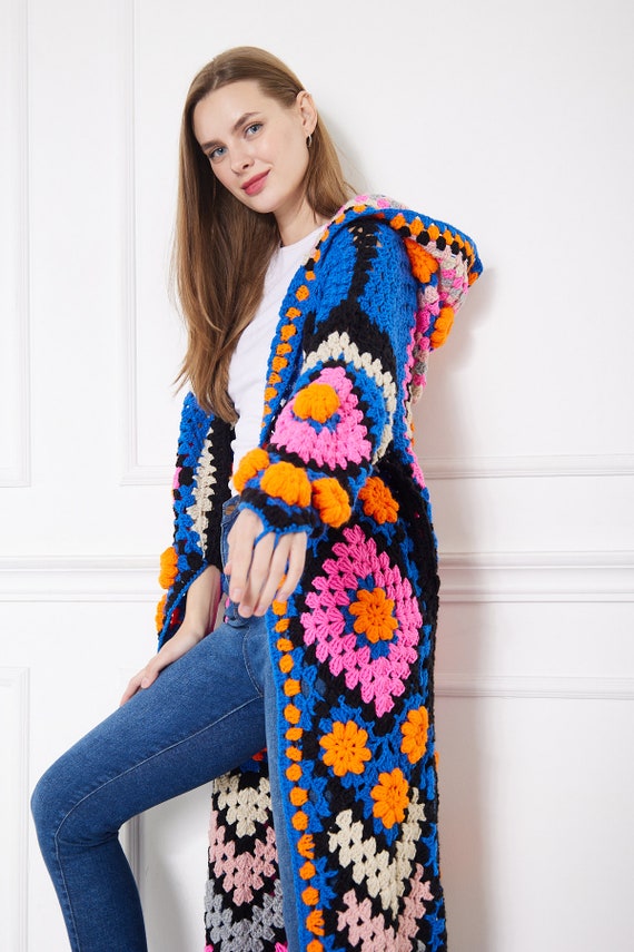 Crochet Winter Coat: Plus Size Multicolor Granny Square Cardigan