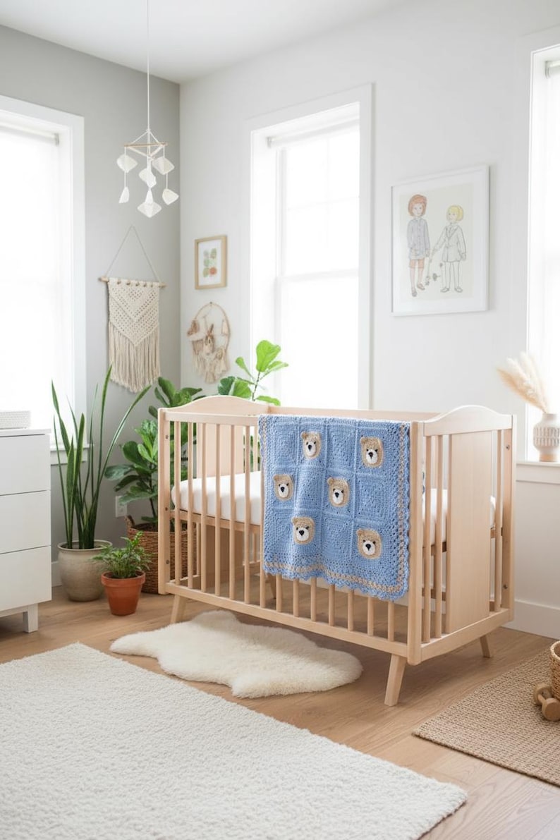 May include: A light blue crochet baby blanket featuring a grid pattern of six tan bear faces with dark brown noses and eyes, finished with a tan border, draped over the side of a light-colored wooden crib with vertical slats.