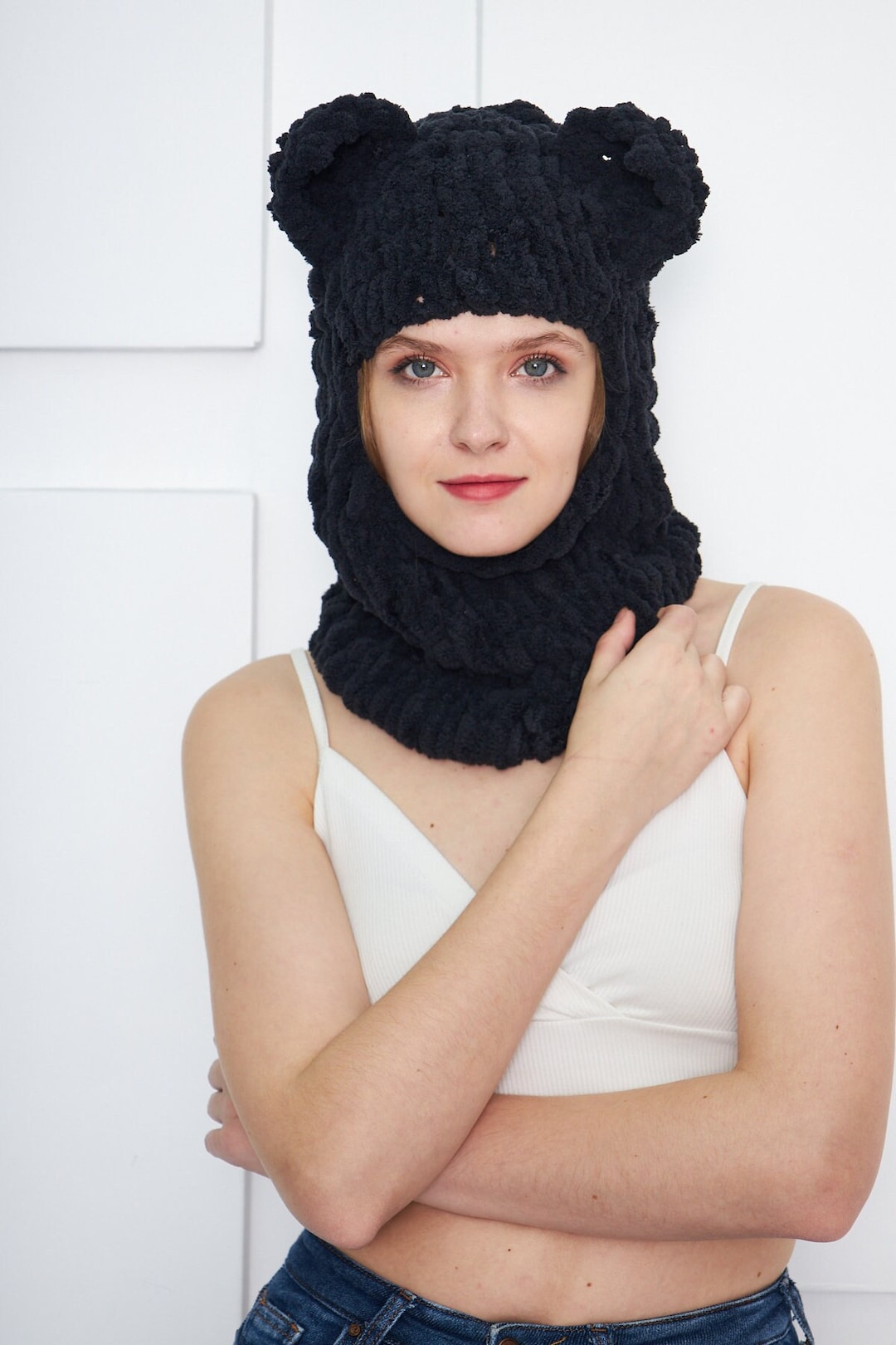 Balaclava Bear Ears, Teddy Bear Ears Hat, Hand Knit Crochet Balaclava