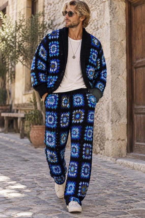 Mens Knitwear Party outfit Rave Clothing for Men Retro Hippie Clothes Matching Set for Him Colorful Jacket Knitted Crochet Pants