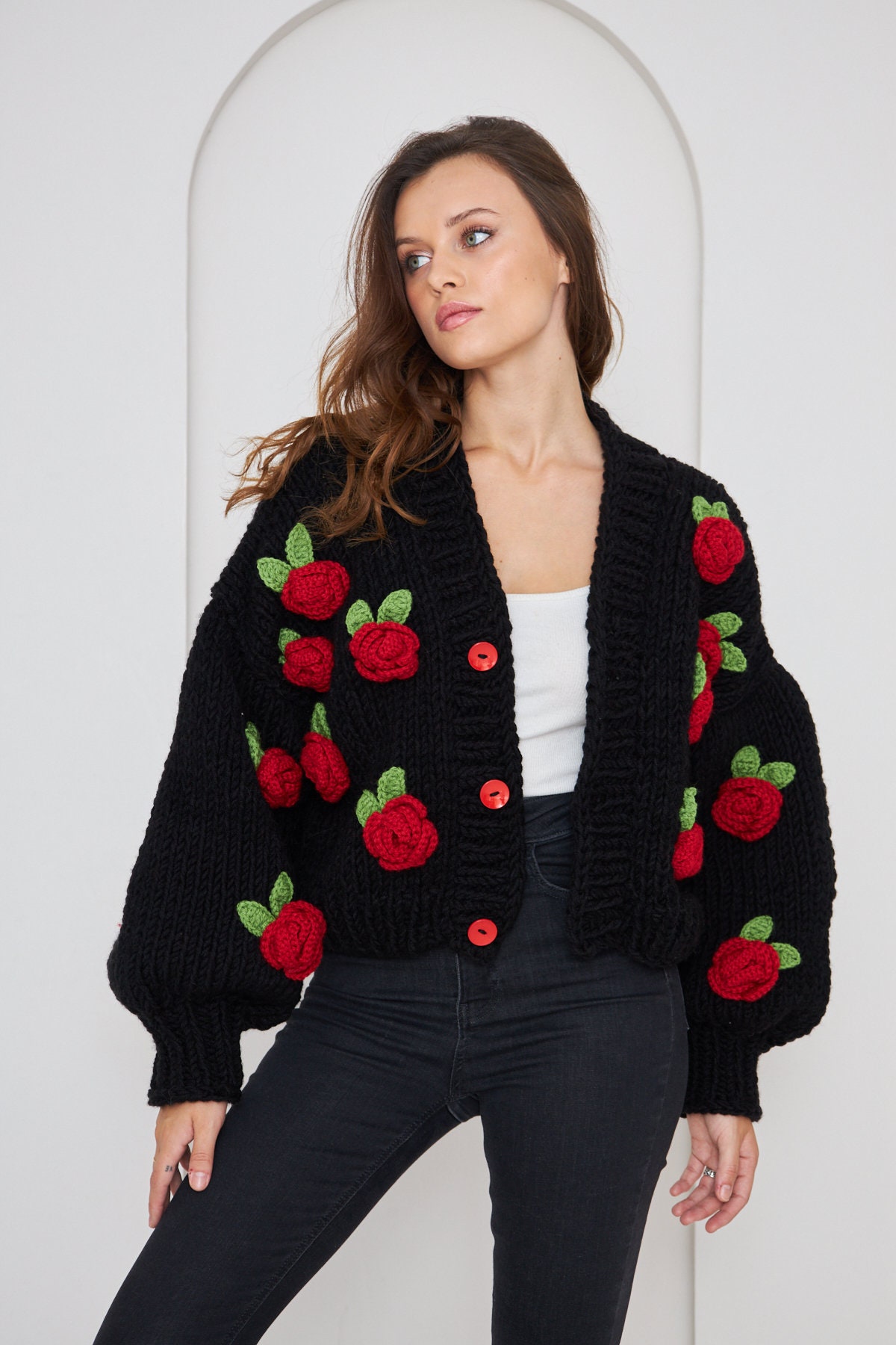 Handmade Chunky Rose Floral Cardigan: Women's Black Sweater - Etsy