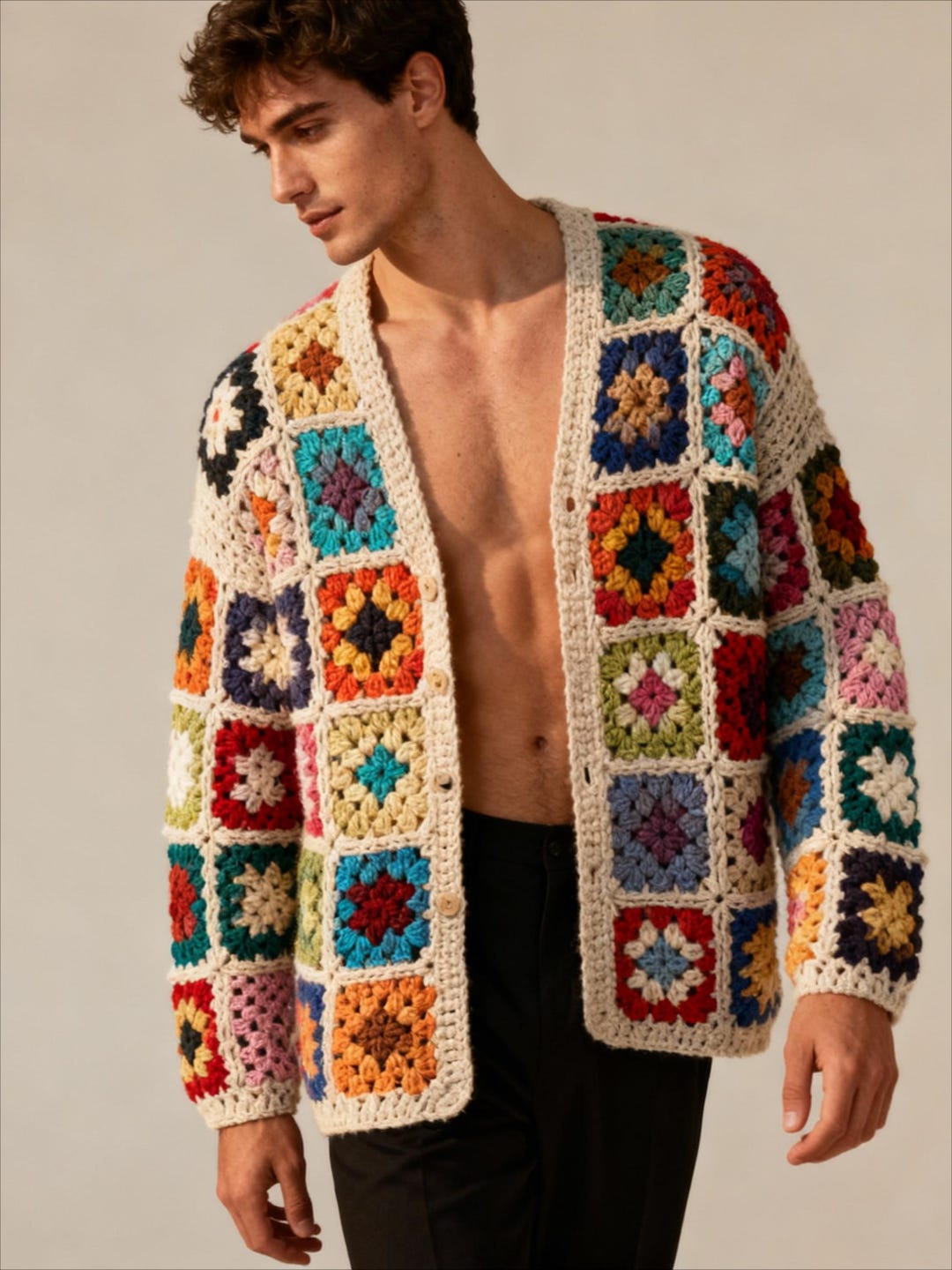 Handmade Knit Men's Sweater Cardigan Crochet Clothing Mens Retro