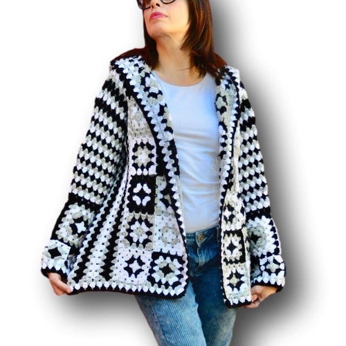 Black Cardigan, shops Black crochet sweater, Black and white jacket, Black Knit sweater, Black and white cardigan