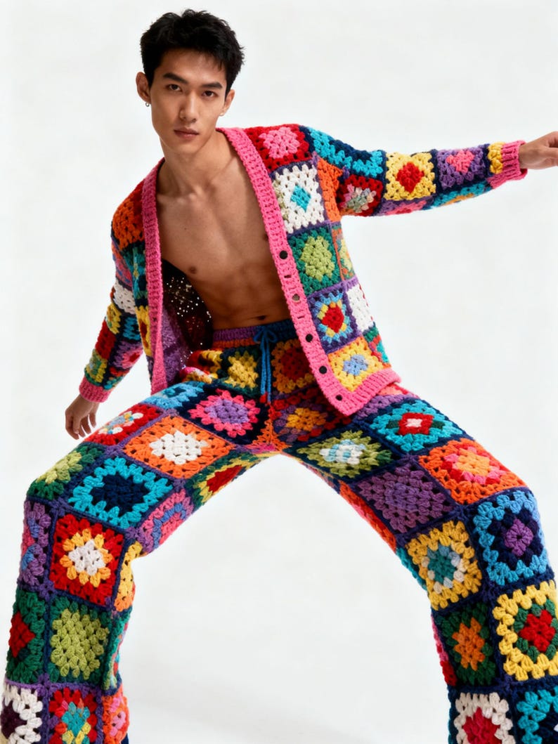 Puede incluir: Un conjunto de c&aacute;rdigan y pantalones de ganchillo con un patr&oacute;n de cuadrados de la abuela en colores vibrantes como rojo, azul, amarillo, verde y morado. El c&aacute;rdigan tiene un borde rosa y cierre de botones, y el pantal&oacute;n tiene cord&oacute;n ajustable.