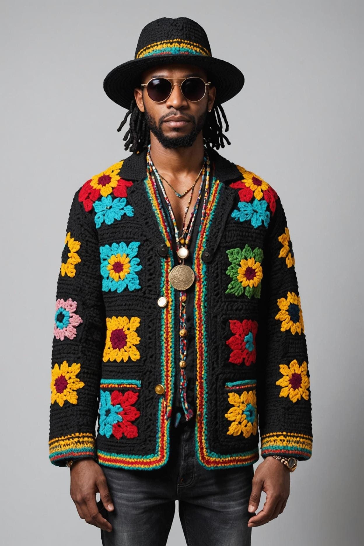 Handmade Men's Crochet Sweater Jacket: Floral Knit Cardigan Men's