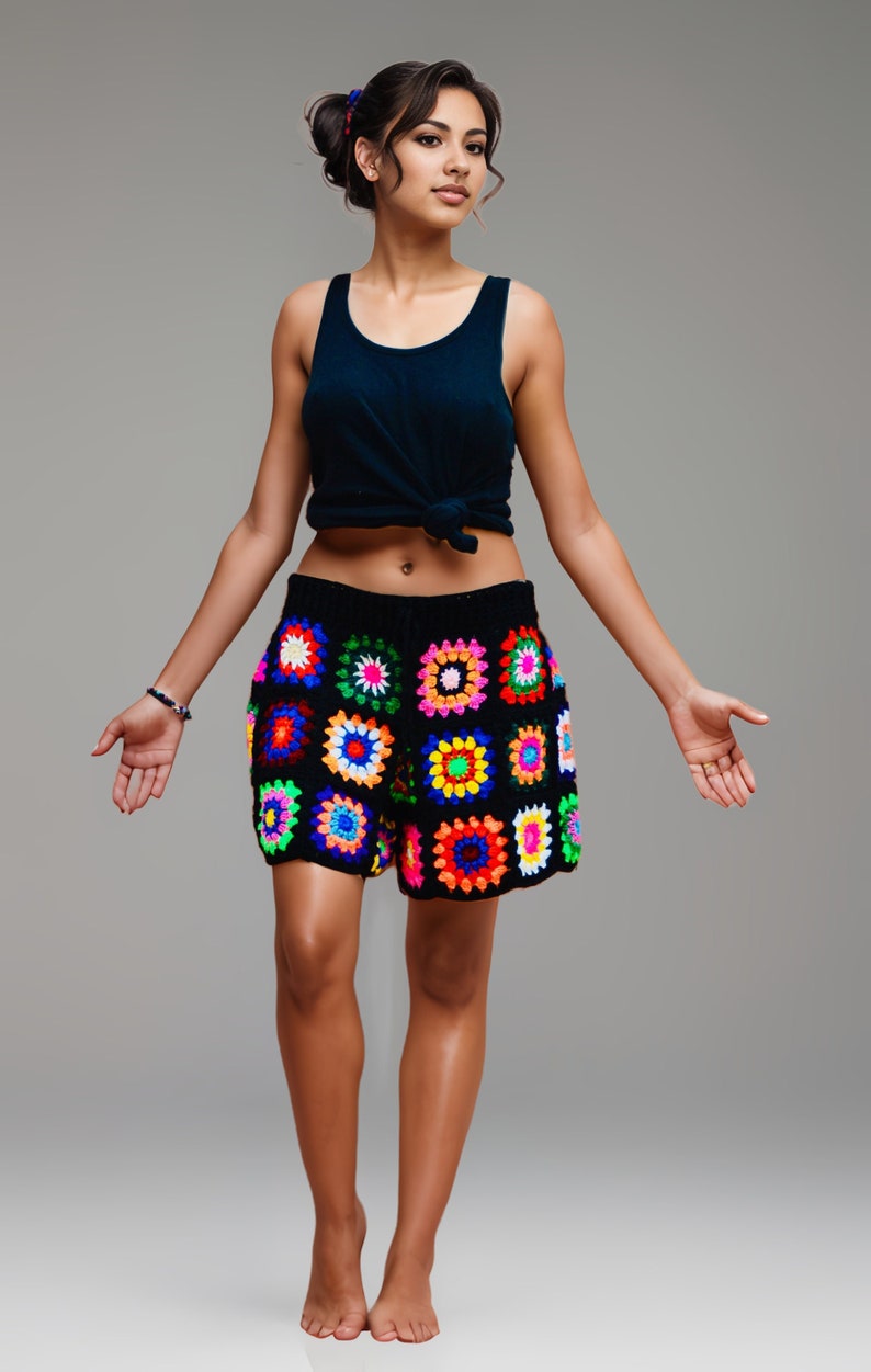 Crochet Granny Square Shorts: Retro Cotton Women's Shorts image 3