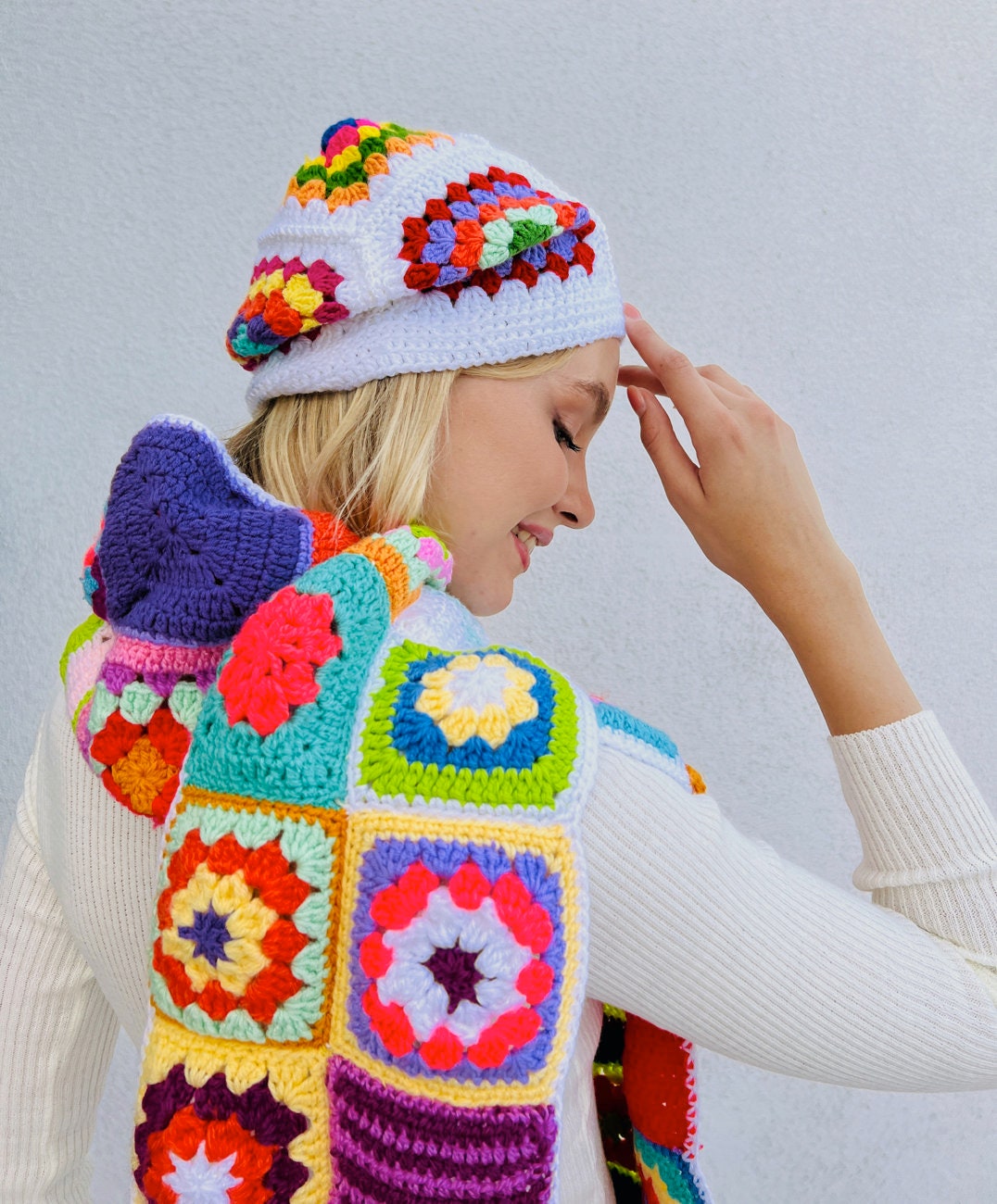 Handmade Granny Square Crochet Hat and Scarf Set
