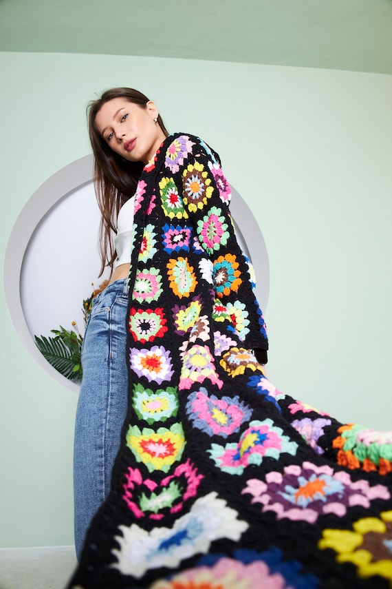 Black Crochet Cardigan: Oversized Boho Jacket Maxi Coat - Etsy
