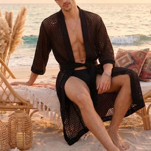 Handmade Crochet Fishnet Kimono Robe: Men's Festival Fashion