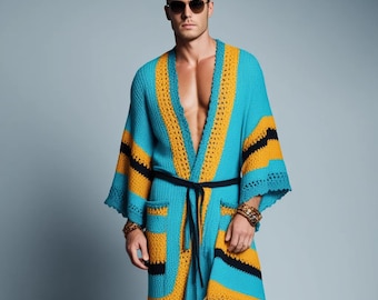 Crochet Men's Kimono Robe: Handmade Cotton Summer Kaftan