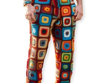 Hand Knitted Granny Square Crochet Trousers: Men&#39;s Festival Pants
