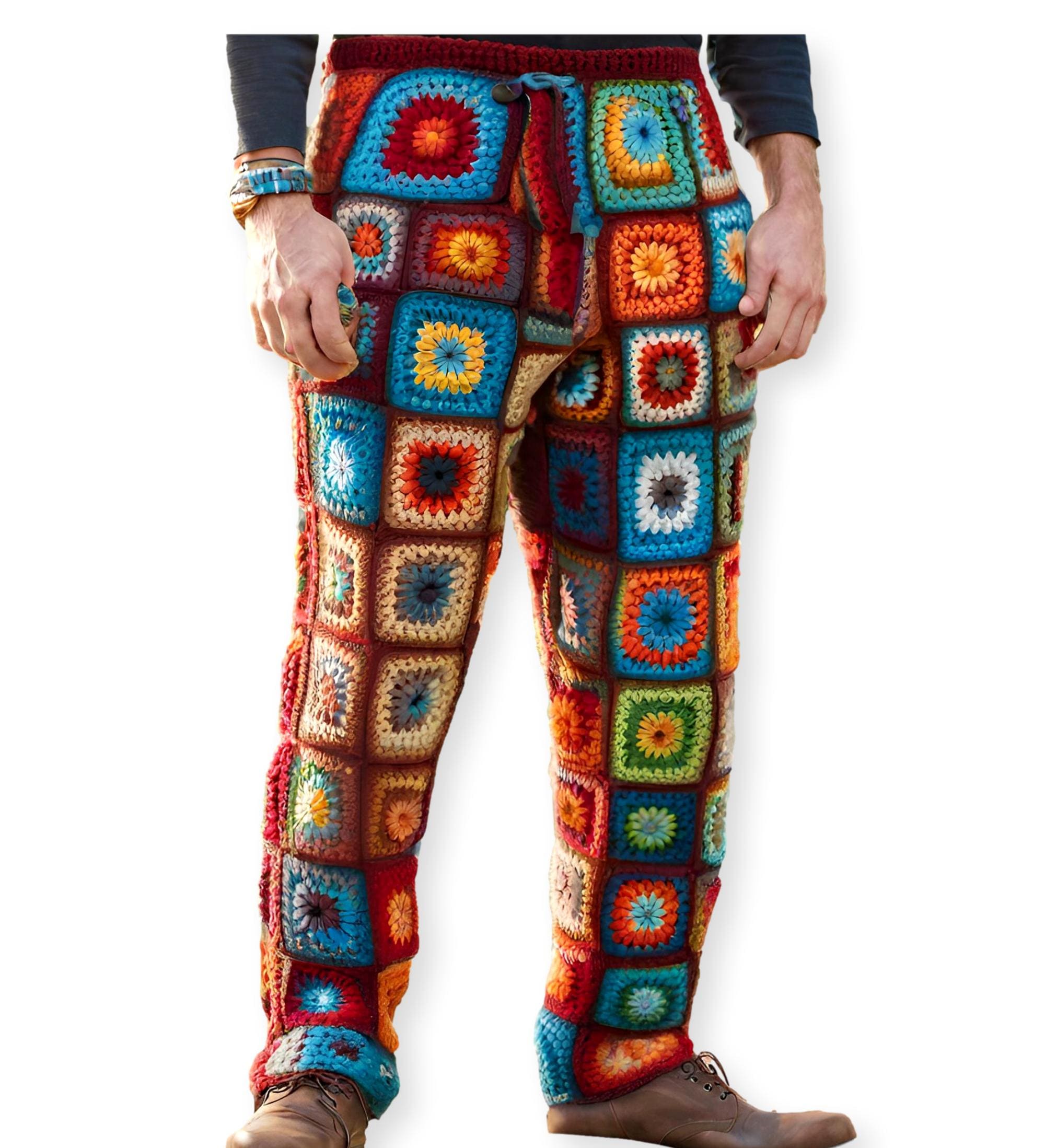 Hand Knitted Granny Square Crochet Trousers: Men's Festival Retro