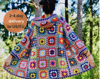 May include: A colorful crochet cardigan with a hood, featuring a patchwork design of granny squares in various shades of blue, green, red, yellow, pink, and orange. The cardigan has a gray background and a white border.