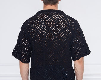 Short Sleeves Mens Crochet Shirt, Mens Summer Top, Knit