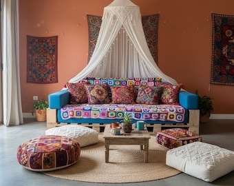 Colorful Crochet Patchwork Afghan: Boho Bedspread Throw