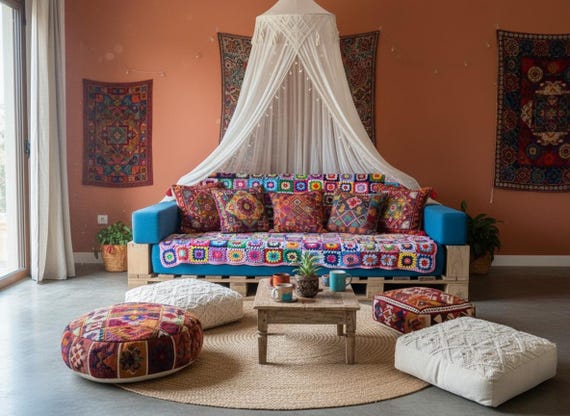 Bunt gehäkelt Patchwork Afghan: Boho Tagesdecke Überwurf